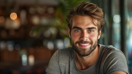 Fototapeta premium Close-Up Portrait of a Smiling Young Man with a Beard in a Cozy Café Setting, Capturing Warmth and Charisma with Soft Natural Lighting