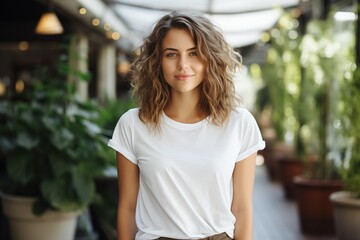 Casual Fashion: Woman in White T-Shirt Posing in Greenhouse with Potted Plants