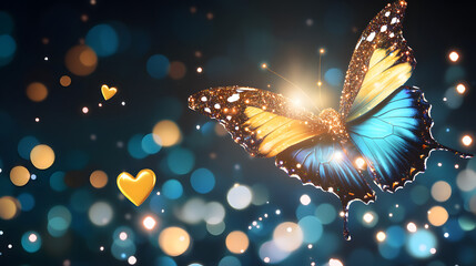vibrant butterfly with glittery wings and heart shaped bokeh lights creates magical atmosphere