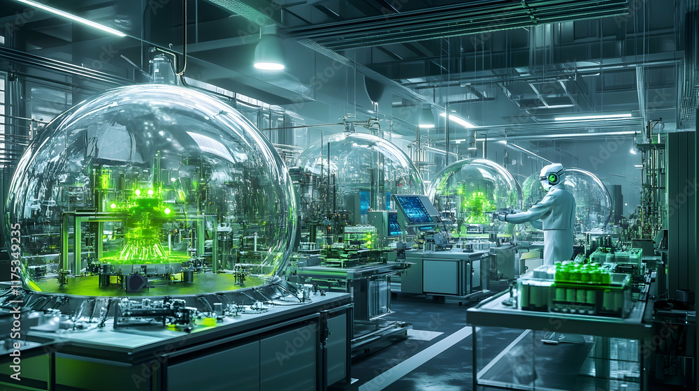 Poster a massive futuristic lab with transparent domes, humanoid robots managing production lines of bio-sy