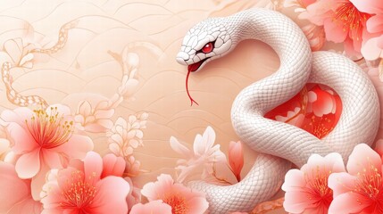 Obraz premium 2025 Chinese new year, year of the snake banner template design with white snakes and beautiful flowers background. Chinese translation