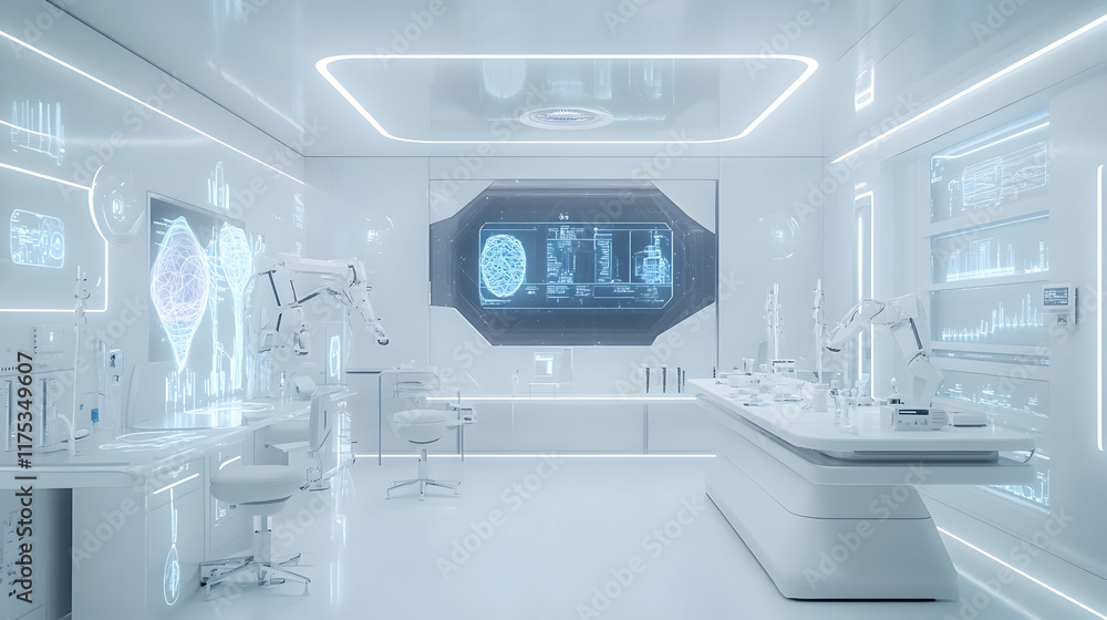 Poster a minimalist futuristic lab with clean white surfaces, drones assembling bioengineered tissues and a