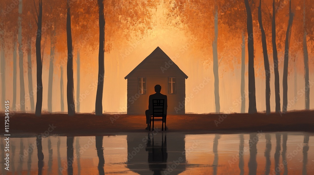 Wall mural Solitude by the Lake: A Man Contemplates Life's Journey at Dusk