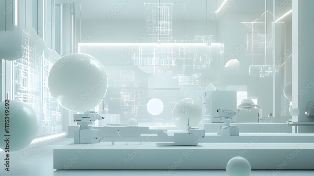 Poster a minimalist futuristic lab with soft white lighting, spherical robots working on microchips and flo