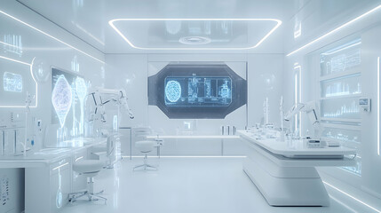 A minimalist futuristic lab with clean white surfaces, drones assembling bioengineered tissues and a large central holographic data display