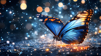 stunning butterfly with vibrant blue wings surrounded by sparkling lights, creating magical atmosphere