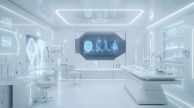 A minimalist futuristic lab with clean white surfaces, drones assembling bioengineered tissues and a large central holographic data display