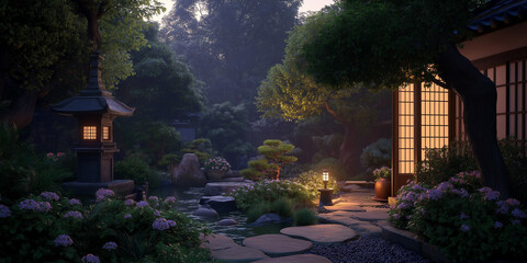 A tranquil Japanese garden illuminated by lanterns at night, featuring lush greenery, a peaceful pond, and a traditional architectural structure amidst rich foliage.