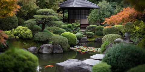 Naklejka premium A tranquil Japanese garden showcasing lush greenery, a winding pond with koi fish, and a peaceful gazebo surrounded by vibrant, colorful foliage in bloom.