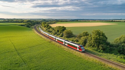 Modern passenger train traveling through lush green fields and countryside under a partly cloudy sky, promoting sustainable transportation. Copy space