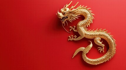 Obraz premium Golden Chinese dragon illustration over a red textured background, [Chinese New Year], [symbolic, luxury, intricate design].