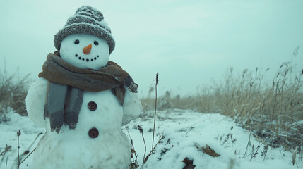 Obraz premium A snowman with a scarf and hat standing in a snowy meadow. Background, winter mood,