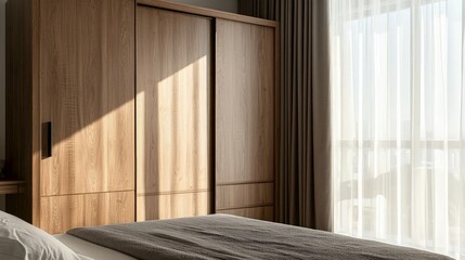 Sunny bedroom, wooden wardrobe, light curtains, minimalist design, home interior.