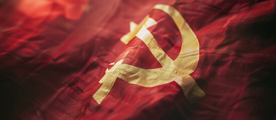 Big wavy communist flag on red background textile fabric. illustration of waving the flag