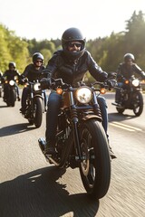 Bikers cruising along scenic road, showcasing freedom and camara