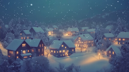 Fototapeta premium A snowy village at dusk, with warm lights glowing from the houses. Background, winter mood,