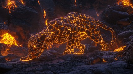 Lava Jaguar: A fiery beast roams through volcanic terrain, its body glowing with molten rock, a surreal and captivating scene of nature's raw power.