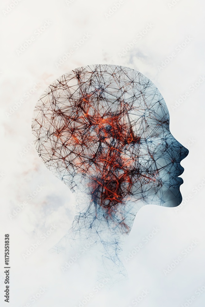 Poster silhouette of head filled with intricate neural networks and col