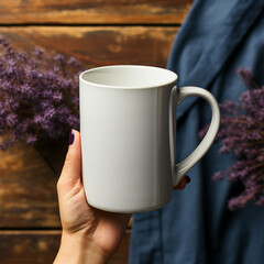Obraz premium White Ceramic Mug Mockup Held by Female Hand, Hand holding white blank white plain mug