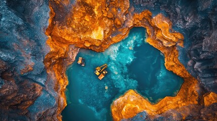 Naklejka premium Aerial view of mining excavation with vibrant mineral colors