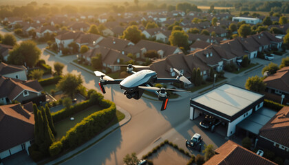 Drone Flying Over Residential Neighborhood