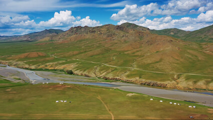 Aerial mountains landscape in Orkhon valley