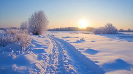 A frosty railway track leading through a snow-covered countryside. Background, winter mood,