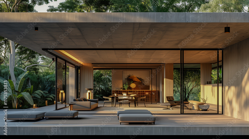 Poster modern open-concept home with nature-inspired design..