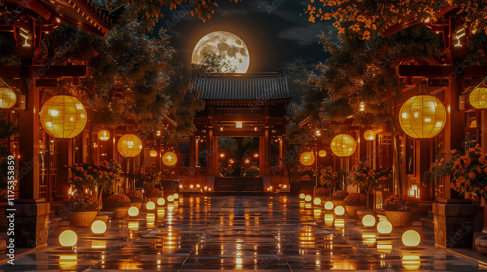 Poster illuminated courtyard with lanterns under a full moon..