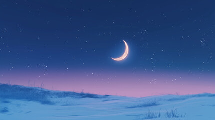 A crescent moon shining above a snowy field with twinkling stars. Background, winter mood,