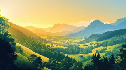 Serene Sunrise Over Lush Green Valley And Mountains