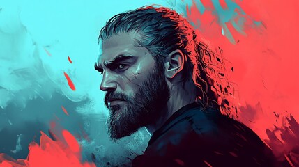 Fierce Warrior: A Digital Painting of a Bearded Man