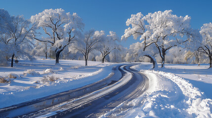 Obraz premium Snowy Road Curving Through Frosty Winter Landscape..
