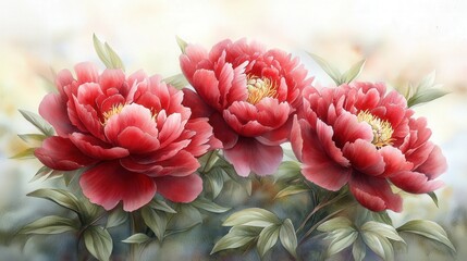 Fototapeta premium Watercolor painting: Three vibrant red peonies in bloom