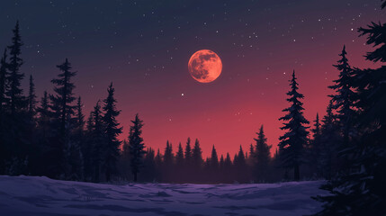 Fototapeta premium A frosty night sky with a silhouette of pine trees against a full moon. Background, winter mood,