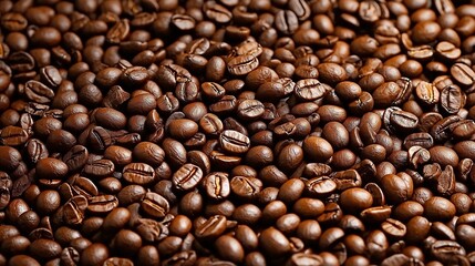 Fototapeta premium Dark roasted coffee beans scattered across a surface highlighting their rich color and texture in a cozy kitchen setting, brown trendy color, mocha mousse style