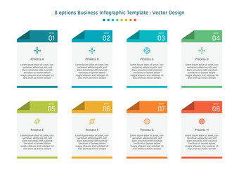 8 options business infographic template, theme of paper that has fold at the top left edge, with symbol and text frame