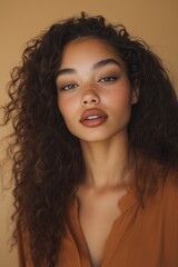 African American woman with long, curly hair wearing a brown silk blouse. shirt on a mocha brown background for 2025