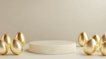 Fototapeta premium Easter banner for product demonstration. Round pedestal or podium with gold Easter eggs on cream background. 3D render