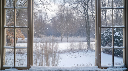 A snowfall scene viewed from a frosted glass window. Background, winter mood,