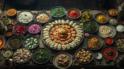 Lavish feast on ornate table in rustic setting.