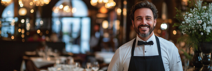 A smiling waiter in a sophisticated restaurant setting, creating an ambiance of hospitality and refinement, capturing the elegance of fine dining experiences.