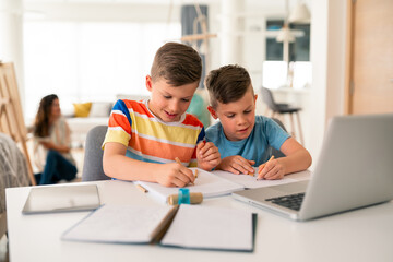 Two Caucasian brothers in casual attire collaborate on schoolwork using notebooks and laptop in...