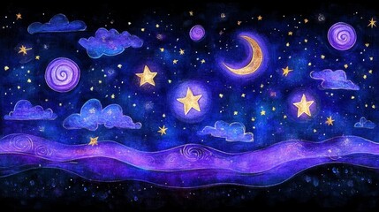 Fototapeta premium Whimsical Night Sky with Cartoon Celestial Bodies and Clouds
