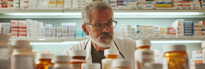 A knowledgeable pharmacist stands amidst shelves filled with medicine bottles, representing health and wellness, professionalism, and the science of healing.