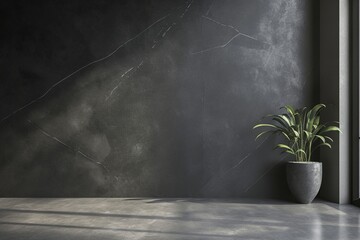 Dark Marble Wall Interior Design with Potted Plant and Sunlit Floor