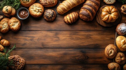 Delicious Bakery Bread Assortment on Wooden Table Transparent Background.