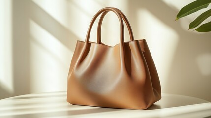 Elegant brown handbag displayed with dried flowers in a warm, sunlit room. Mocha Mousse trend color 2025