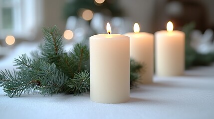 Lit candles and pine branch on festive table.