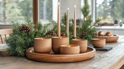 Fototapeta premium Lit candles and greenery centerpiece on dining table in a cozy home.